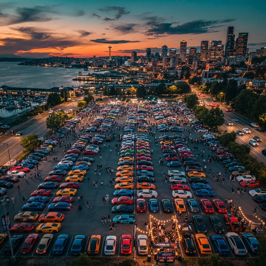 Aerial view of a car enthusiast meet at dusk